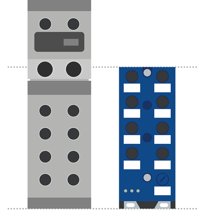 Größenvergleich: Feldbusmodul vs. ASi-5 Modul (mit jeweils 8 Ports):
Im Vergleich zu ethernetbasierten Feldbusmodulen sind vergleichbare ASi-5 Module dank Durchdringungstechnik nicht nur günstiger, sondern auch deutlich kompakter.