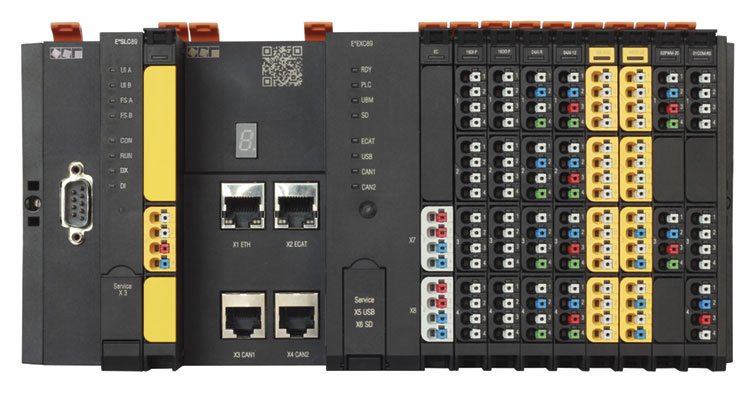 E°SLC 89 Sicherheitssteuerung und E°EXC 89 Controller für CNC, SPS und Motion Control-Anwendungen sowie angereihte sichere und nicht-sichere I/O-Module der E°UBM-Familie.