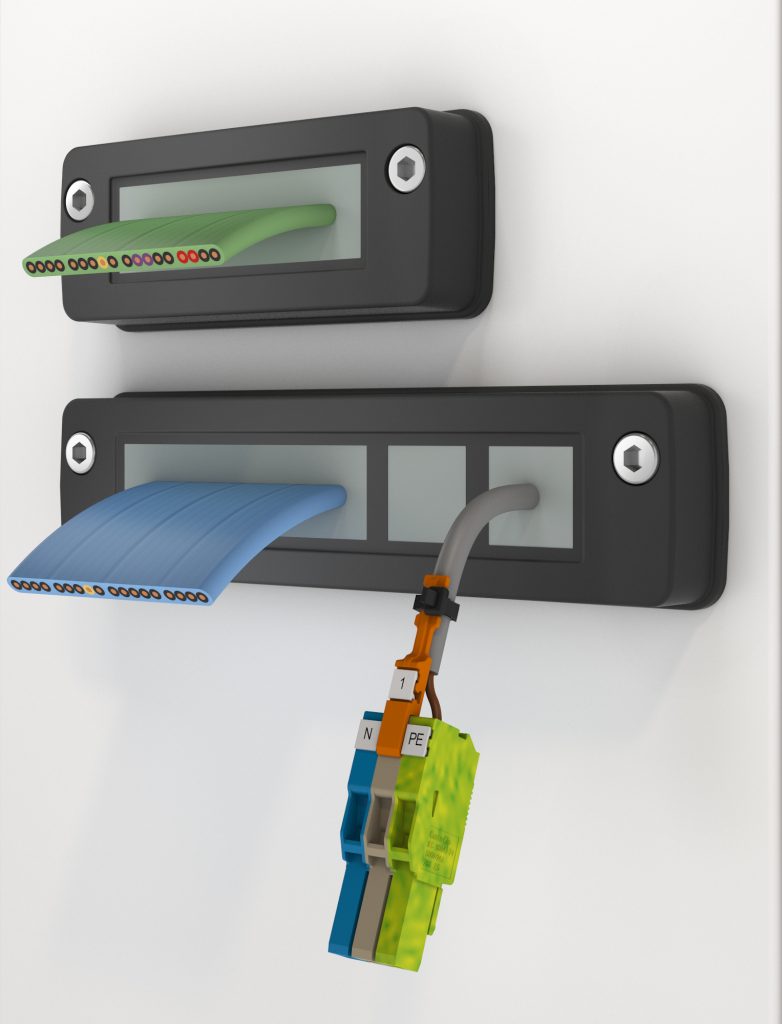  KDS-FB zur Durchführung industrieller Flachbandleitungen in verschiedenen Varianten auch in Kombination mit runden Leitern.