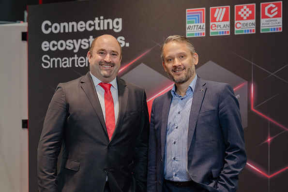 Sebastian Seitz, CEO von EPLAN & Cideon und Dominic Kurtaz, Managing Director Eurocentral bei Dassault Systèmes (v. l.), sind überzeugt: Mit der tiefen Integration von EPLAN und der 3DEXPERIENCE Plattform lässt sich die Prozesseffizenz gemeinsamer Kunden 