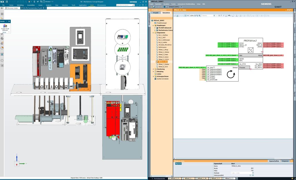  Die Simulationsplattform Simit mit dem NX Mechatronics Concept Designer (MCD), mit dem Mechanik, Elektrik und Automatisierung im Designprozess interdisziplinär betrachtet und bearbeitet werden können.