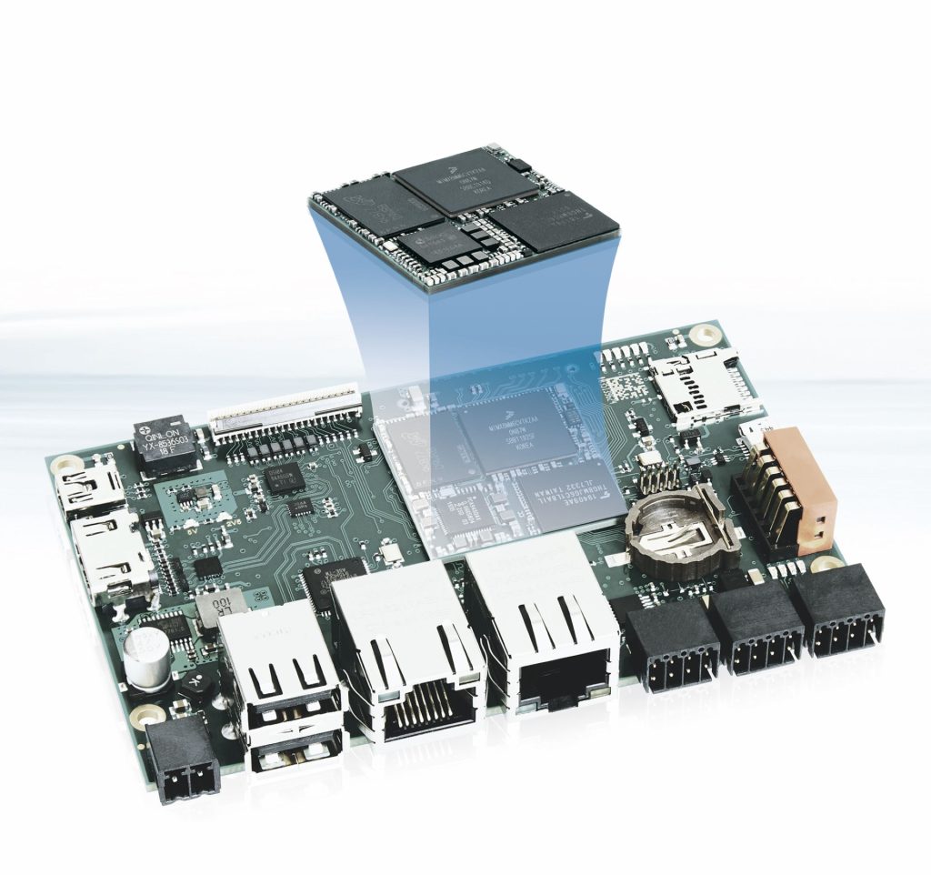  Kontron bietet seine Hardwareprodukte in Form von Boards als Einheit aus Mikroprozessor, SoM, Speicher, Kommunikations- und LCD-Schnittstelle sowie wichtigen Sicherheitsstandards auf einer kompakten Leiterplatte an.
